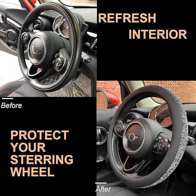 PINCTROT Chenille Leather Steering Wheel Cover, Soft Mottled Colors, Sweat-Proof, Non-Slip Grip, All-Season Comfort, Universal 14.5-15 Inch(Mottled Gray)