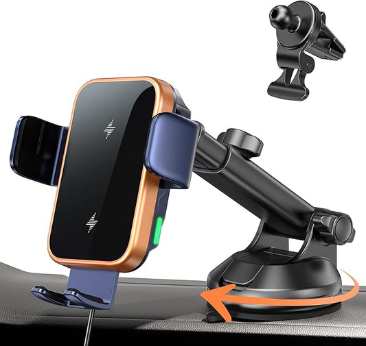 Dual Coil 15W Car Phone Holder Wireless Car Charger -Auto Clamping- Charging Phone Holders for Your Car Dash Vent Windshield, for Flip S25/S24/S23/S22, iPhone 17/16/15/14