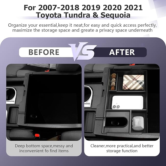 LUWU Tundra & Sequoia Center Console Organizer for 2007-2017 2018 2019 2020 2021 Toyota Tundra & Sequoia Accessories Armrest Console Storage Box Insert Tray ABS Material Black