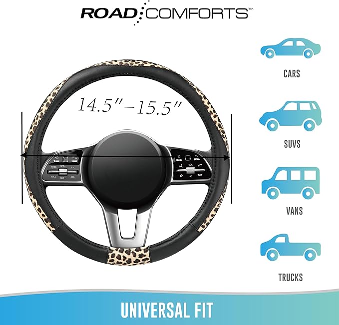 Road Comforts Steering Wheel Cover - Made with PVC Leather and Leopard Fabric - Universal 14 1/2 inches to 15 inches for Most Automotive Steering Wheel - Cheetah Print - Black