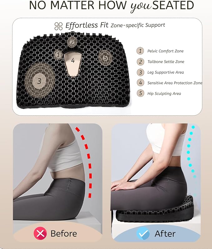 Gel Seat Cushion for Long Sitting & Hip Pain Relief (Large Size) - Cooling 3D Cushions for Office Chair, Car, Wheelchair, Breathable & Non-Slip Cover with Pressure Relief Technology