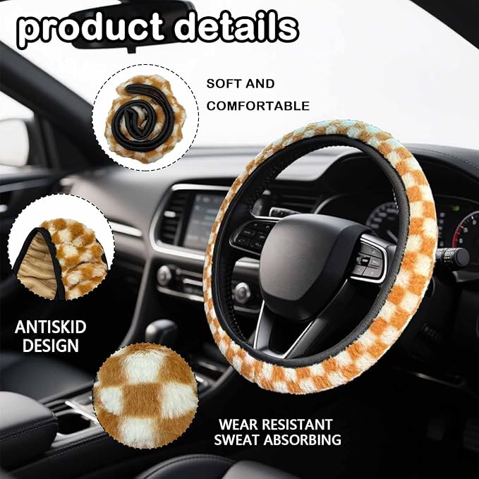 Yellow and White Checkered Fuzzy Steering Wheel Cover for Women, Universal Auto Steering Wheel 14-15 Inch Soft Warm Car Interior Accessories with 2PCS Car Coasters, Suitable for Men and Women