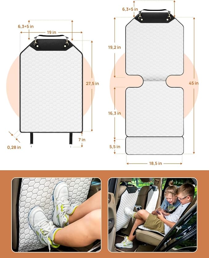 Owleys Kick Mat Back Seat Protector - Car Back Seat Cover for Kids Feet - Waterproof & Sturdy Protector for Upholstery from Dirt, Mud, Scratches and Stain (White Set)