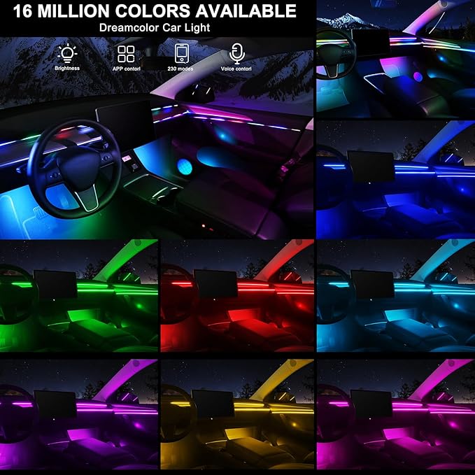 Dreamcolor Acrylic Interior Car LED Strip Light with Wireless APP, RGB 22 in 1 with 175 inches 600 LEDs Fiber Optic Ambient Lighting Kits, Dynamic Chasing Music Sync Neon LED Strip for Car Accessories