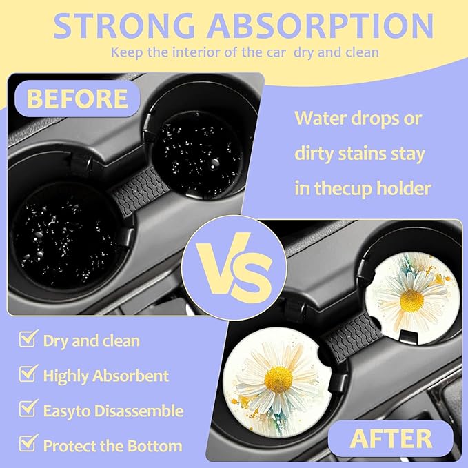 2 Pack Car Cup Holder Coaster-Watercolor Daisy Floral Absorbent Ceramic Coaster, Car Coasters for Cup Holders,Auto Accessories for Women & Men