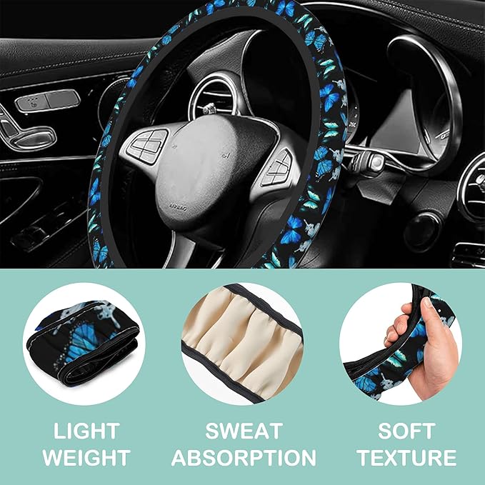 Watercolor Blue Butterfly Steering Wheel Cover for Women Men,Anti-Slip Breathable Car Steering Wheel Cover Elastic Protection with 2 Pieces Car Coasters,Universal 15" Fit Auto,Suvs,Truck