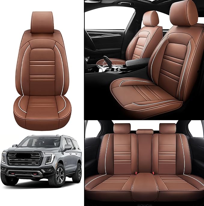 Seat Covers for gmc Yukon 2000-2025 | 5-Seats Leather Seat Covers, Easy to Install Automotive Seat Covers Full Set (Full Set, Coffee)
