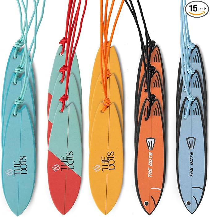 THEDOTS 15 Pack Assorted Surfboard Hanging Car Air Fresheners, 5 Unique Scents, Detachable Message Cards with Surfing Art, Long-lasting Scent, Gift for Car & Home