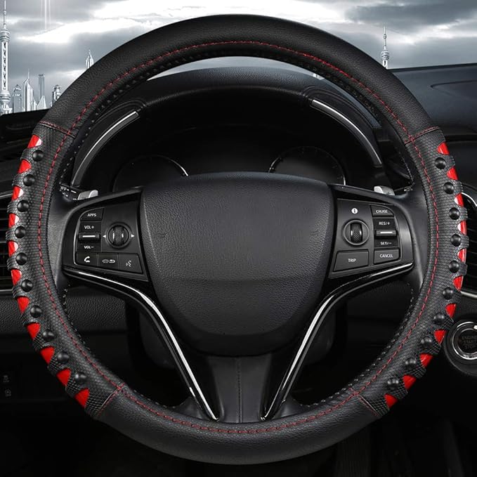 West Llama Microfiber Leather Car Steering Wheel Cover for Men Women,Universal Fit 14.5-15 inch(Leather Nails-Red+Black-Standard Size)