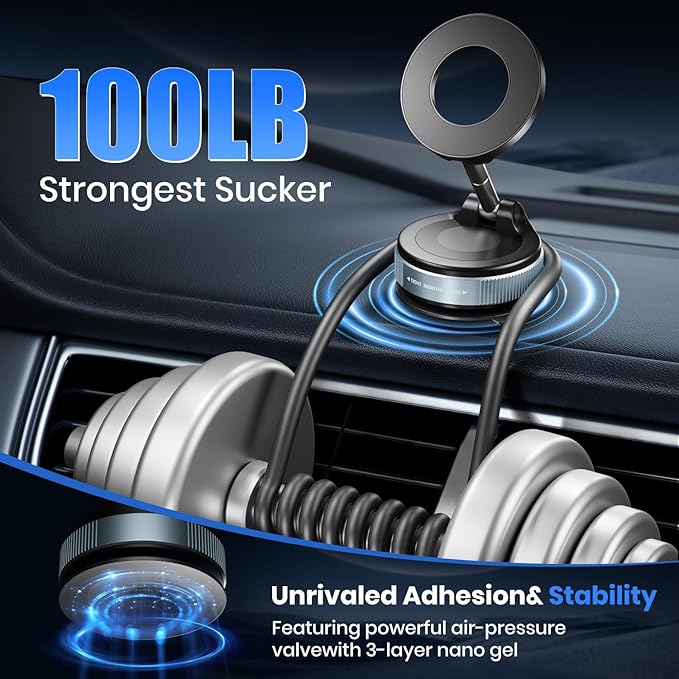 Upgraded 360° Vacuum Magnetic Phone Holder, Vacuum Suction Magnetic Phone Mount with Foldable Phone Holder for Car/Gym/Mirror/Smooth Surface, Suitable with All Smartphones (K007 Black)