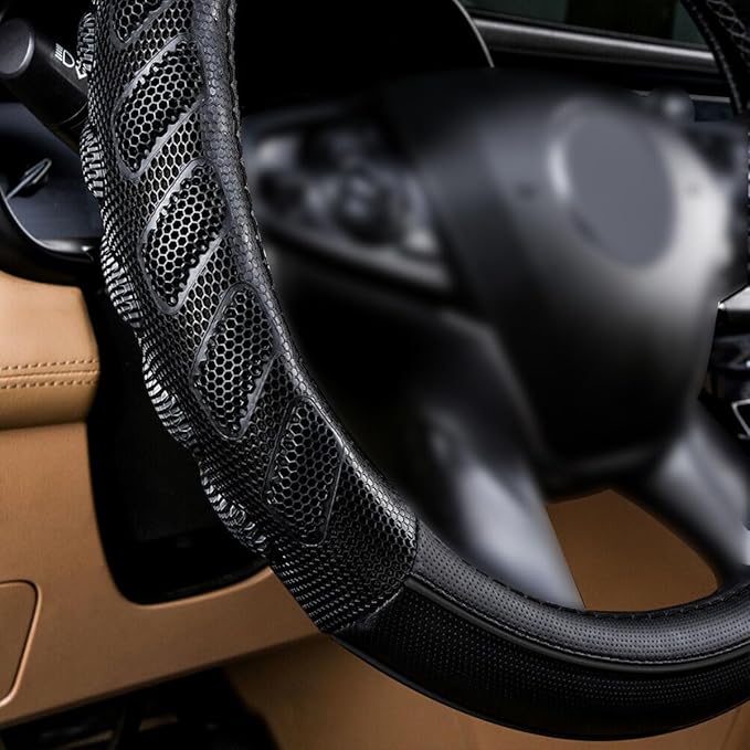Flying Banner car Steering Wheel Cover Faux Leather Massage Universal fit 3D Honeycomb Hole Anti-Slip Sporty 15 Inches (Black Black)