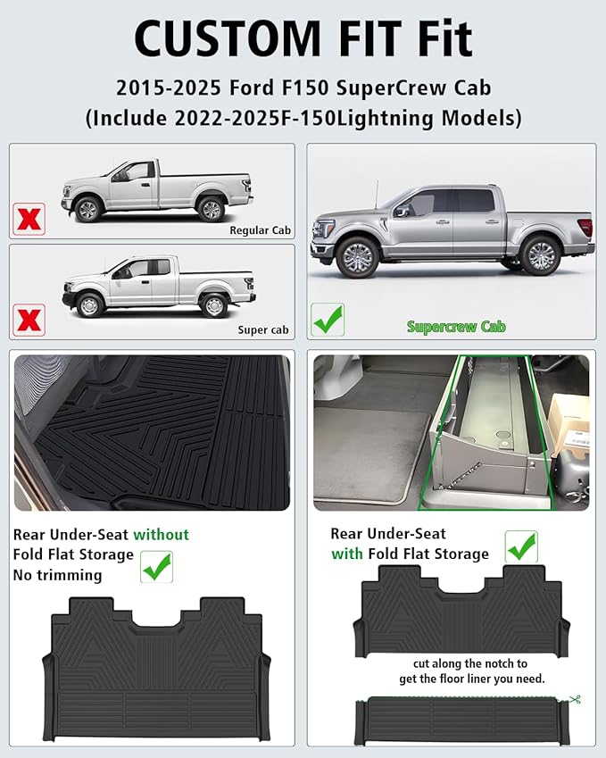 All Weather Car Floor Mats for Ford F150/F-150 2015-2025 SuperCrew Cab (Includes 22-24 Lightning Models), TPE Rubber Floor Liners Anti-Slip Full Set Automotive Mats for 2025 Ford F-150 Accessories