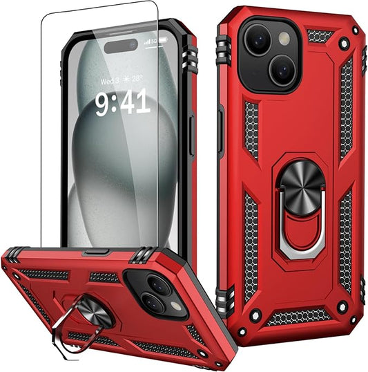 IKAZZ for iPhone 14 Plus Case 6.7 Inch with Screen Protector,Military Grade Shockproof Heavy Duty Protective Phone Cover Pass 16ft Drop Test with Magnetic Kickstand Car Mount Holder,Red