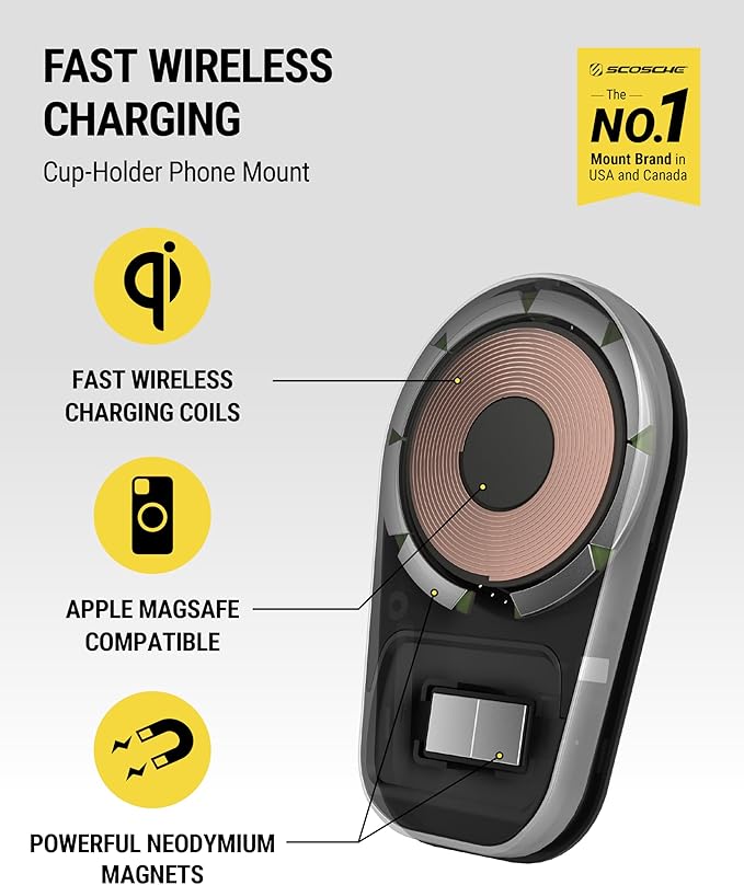 Scosche MPQ5CUP2 MagicMount Pro Charge5 15W Magnetic Wireless Phone Charger for Car, Cup Holder Phone Mount with Fast Charging for MagSafe iPhone 16 15 14 13 12 Series and Qi-Enabled Android Phones