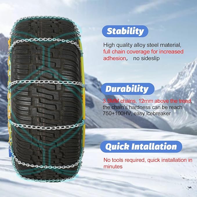 Auto Fixing Snow Chains, 2 x 12 mm, 30s Quick Installation of Tire Chains with Automatic Tensioner, Universal Emergency Tire Traction Chain for Cars, Pickups, and SUVs (HLN 160)
