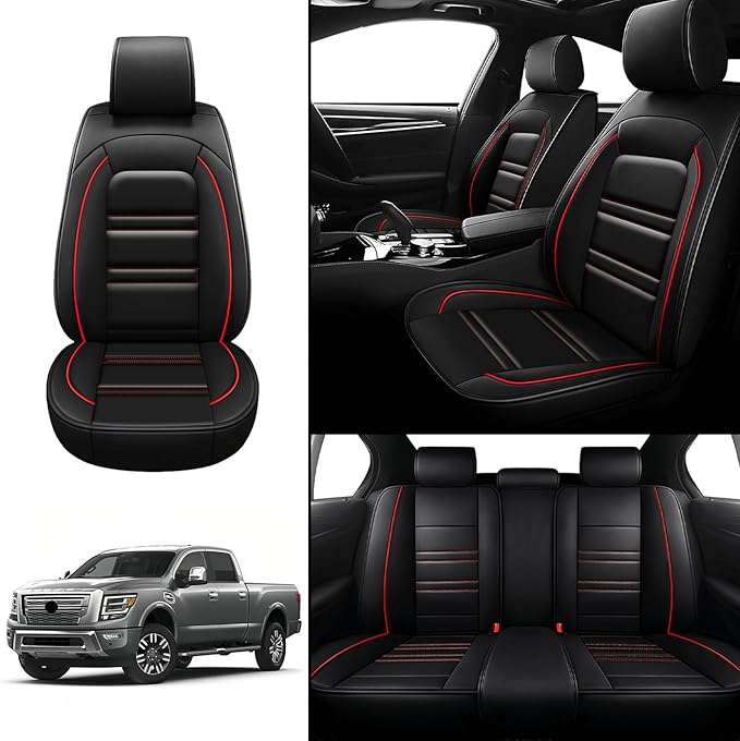 Seat Covers for Nissan Car Titan 2004-2024 | 5-Seats Leather Seat Covers, Easy to Install Automotive Seat Covers Full Set (Full Set, Black&Red Line)