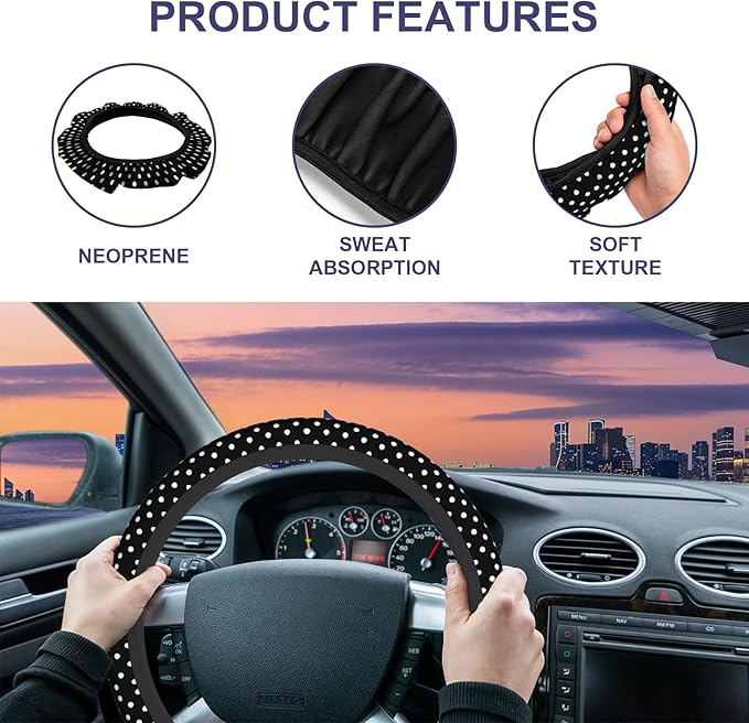 White Dot Steering Wheel Cover - Boho Polka Dot Spot Elastic - 15 Inch Universal - For Trucks, Auto, Vans