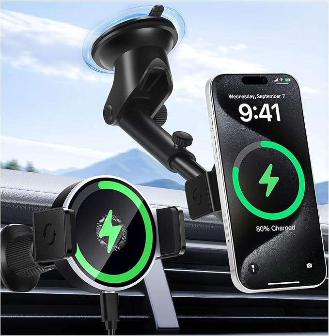 Wireless Car Charger, 15W Fast Car Mount Charger for iPhone 17/16/15/14/13/12/11/10/9/8 Series & Samsung, Auto-Clamping Magnetic Car Phone Holder with Fast Charging for Car & Home Use,Black