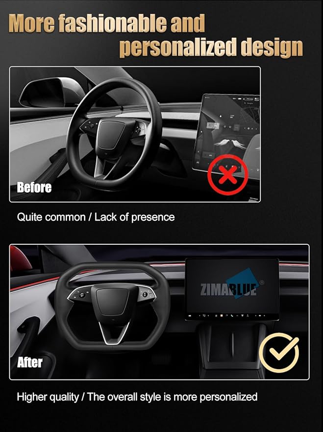 ZIMABLUE Black Cyber Truck Steering Wheel For Tesla Model 3 Accessories 2024 2025, Black Nappa Leather for Tesla Model 3 Highland 2024-2025 With Heating Function,Without stripe