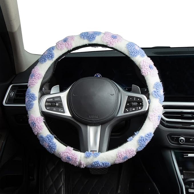 Plush Flowers Steering Wheel Cover Auto Plush Steering Wheel Protector, Anti-Slip, Breathable, Absorbing Sweat, Universal Car Accessories 14.5–15 inch,Fit for Most Car, Trucks, SUV