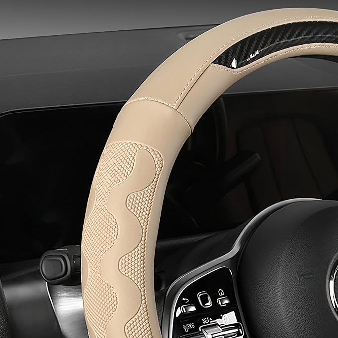 SEG Direct Car Steering Wheel Cover Medium Size 14 1/2"-15" Embossed Microfiber Leather with Carbon Fiber Pattern Beige