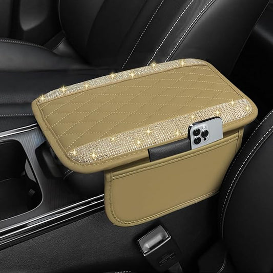 NBTEPEM Bling Beige Car Center Console Cover, Leather Car Arm Rest Cover with 2 Storage Bags, Universal Auto Armrest Protector Storage Box, Bling Accessories Interior for Most Vehicles