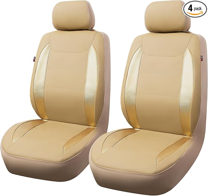 Flying Banner car seat Covers Protects Water Proof Faux Leather Carbon Fiber Fronts Golden Beige (Beige Golden, Front Pair)