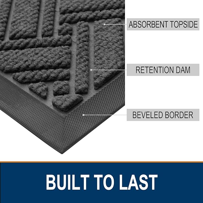 OLANLY Indoor Outdoor Mat, Sturdy Natural Rubber Floor Mat, Non Slip Low Profile Waterproof Doormat, and Stain Front Door Mats, Easy Clean Patio Entrance Mat, 36''x24'', Light Grey