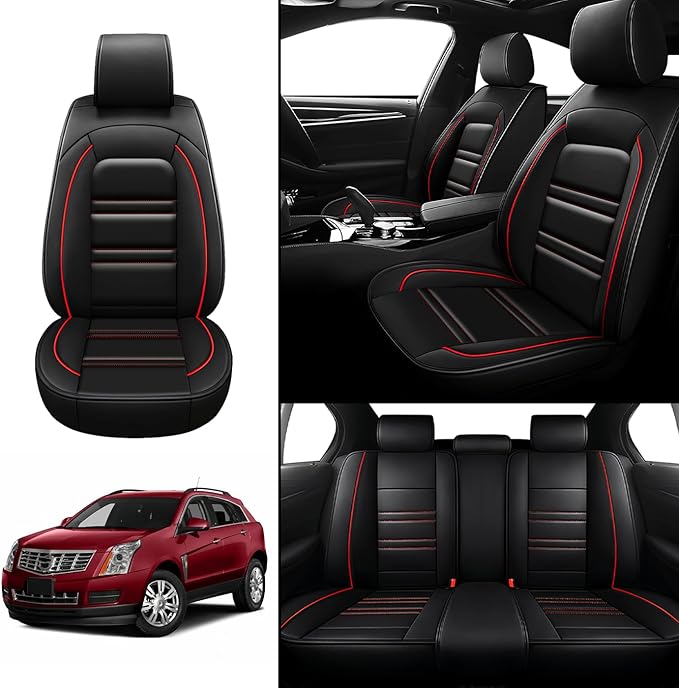 Seat Covers for Cadillac SRX 2004-2016 | 5-Seats Leather Seat Covers, Easy to Install Automotive Seat Covers Full Set (Full Set, Black&Red Line)