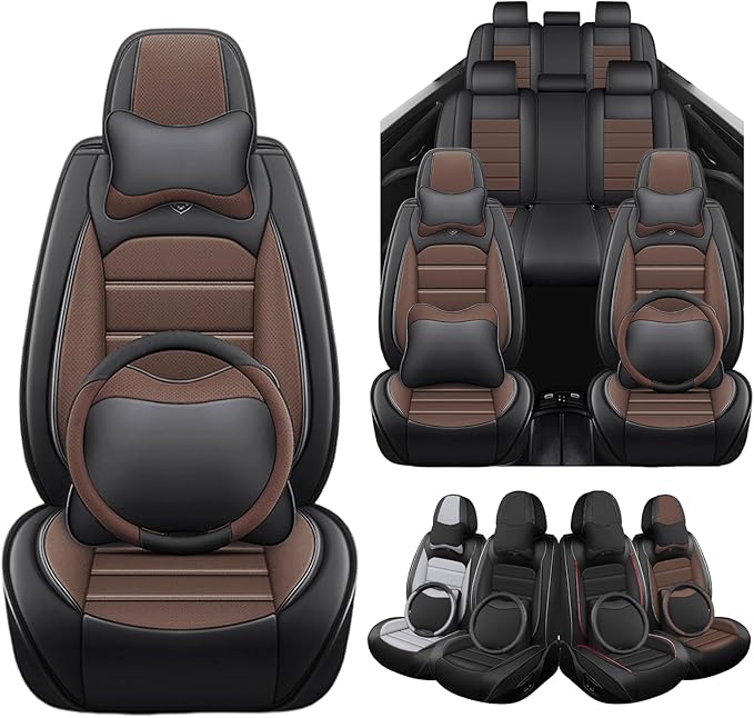 Seat Covers Fit for Acura MDX 2001-2025, 7 Seat, Compatible Airbag Non-Slip Waterproof Leather Seat Cover, Luxury Interior Full Set with Pillow Steering Wheel Covers, Black Coffee