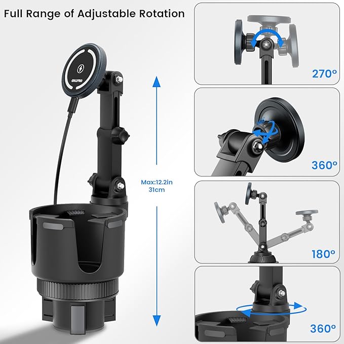 OHLPRO for iPhone 17 Pro Max MagSafe Car Charger Cup Holder Mount, 15W Fast Wireless Magnetic Charging Phone Holder for iPhone 16 15 14 13 Series, Adjustable Car Mount with Large Cup Base, Gray
