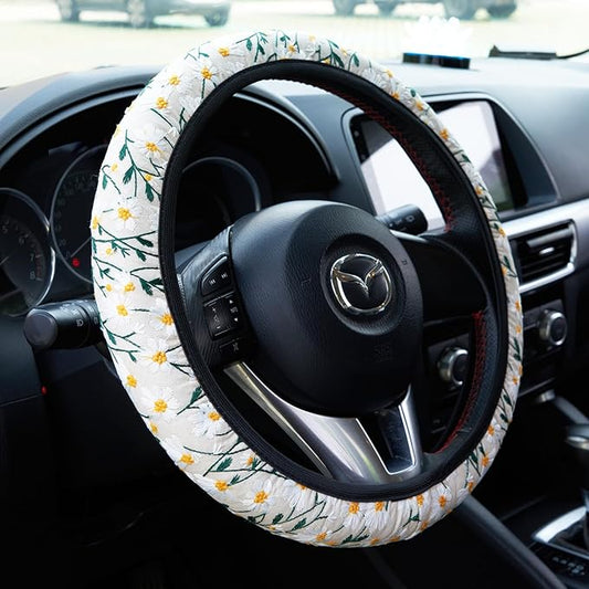 Embroidered Flowers White Cute Daisy Steering Wheel Cover Auto Anti-Slip Breathable Steering Wheel Protector,Floral Car Accessories for Women,Universal Size Fit Most Cars -15 inch