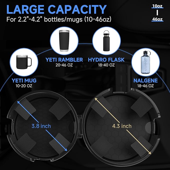 DYLEN Car Cup Holder Expander, 2 in 1 Cup Holder Adapter Extender for Car with Expandable Insert, Fits Yeti, Hydroflask and Other Large Water Bottles & Mugs in 2.2"-4.6" (10-46oz)