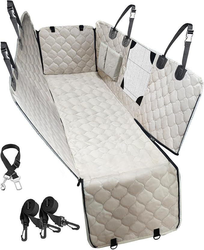 PETICON Dog Car Seat Cover with Mesh Window, 100% Waterproof Pet Seat Cover for Back Seat, Scratchproof Dog Hammock for Cars, Trucks, SUVs, Jeeps, Beige