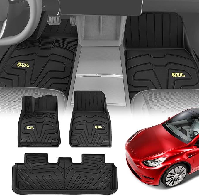 YHTAUTO Custom Fit Car Floor Mats for Tesla Model Y 2025-2020 (5-Seat), Not for Juniper, 1st & 2nd Row All Weather TPE Car Mats Carpet Liners, Anti-Slip Waterproof, Automatic Front Rear Mats for Car