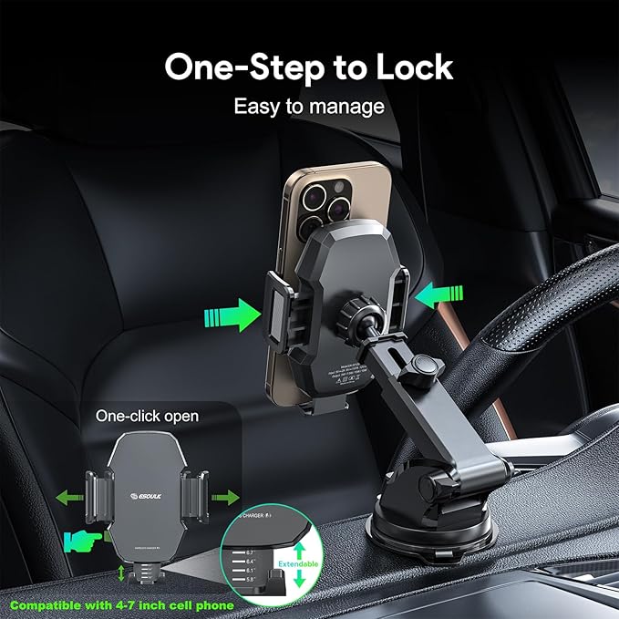 Esoulk Wireless Car Charger Phone Holder – 15W Fast Charging Holder with Auto Clamping, One-Touch Release, Dashboard & Windshield Mount – for iPhone 17/16/15/14/13 Pro Max, Samsung Galaxy S24/S23/S22