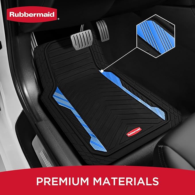 Rubbermaid Car Floor Mat, Heavy Duty All-Weather Car Mats Full Set with Dual-Tone Blue Aluminum Inserts – Universal Fit, Anti-Slip Backing, Trim-to-Fit for Most SUV, Sedan, Van