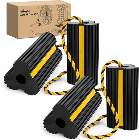 Nilight Wheel Chocks RV Car Heavy Duty Rubber Tire Chock Blocks Stopper Yellow Reflective Strips Stabilizer 4 Pack with Rope for RVs Cars Travel Trailers Campers Trucks Motorcycle Accessories Parking