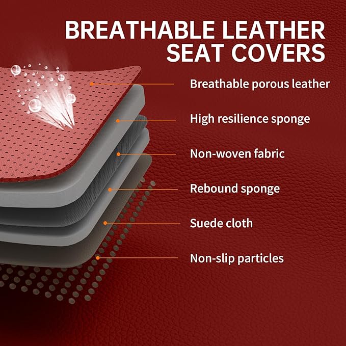 Red Car Seat Covers Full Set, Luxury Faux Leather Waterproof Red Car Seat Covers Front Seats and Back Car Seat Protector Anti-Slip Universal Fit for Most Cars SUVs Trucks Pickups