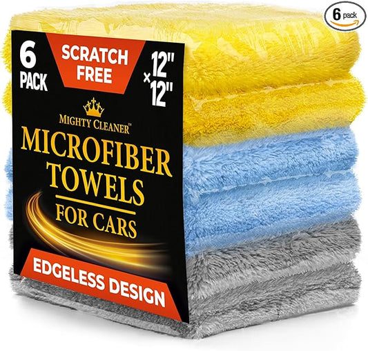 Edgeless Microfiber Towels for Cars – 6pk (12”x12”) - 540 GSM - Super Soft Detailing & Buffing – Scratch-Free & Absorbent Microfiber Cleaning Cloths for Car Polishing