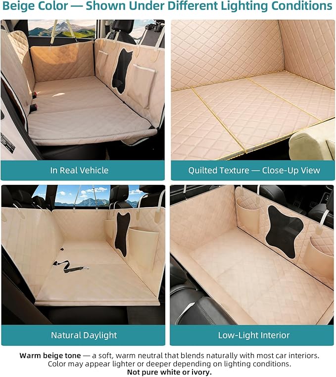 Waterproof Dog Car Seat Cover for Back Seat – Heavy Duty Back Seat Extender for Dogs with Hard Bottom, 7-Layer Protection, Non-Slip & Scratchproof, Easy to Install (Beige)