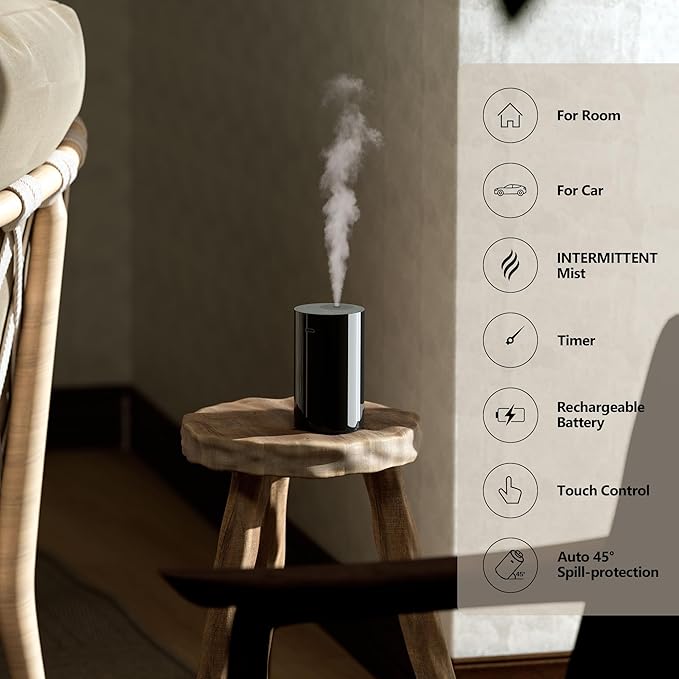 Airversa Waterless Diffuser for Essential Oil, Battery Operated Nebulizer, 0.7 Fl.Oz./ 20mL Capacity, Mini Scent Air Machine, 3 Countdown Timers & 3 Mist Levels for Home Room Car Office - AN8 Black