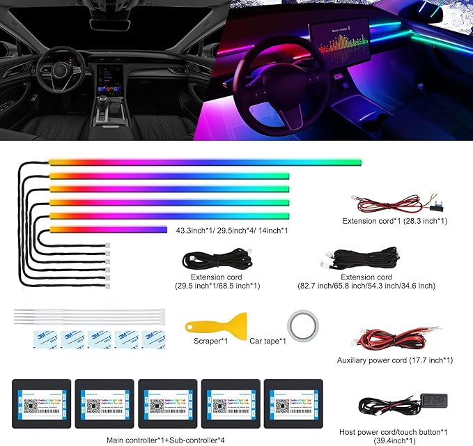 Dreamcolor Acrylic Interior Car LED Strip Light with Wireless APP, RGB 6 in 1 with 175 inches 600 LEDs Fiber Optic Car Ambient Lighting Kits, Sound Active Function LED Strip for Car Accessories