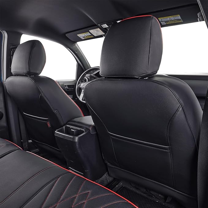 EKR Custom Fit Tacoma Car Seat Covers for Select Toyota Tacoma 2024 2025 2026 Xtra Cab SR - Full Set,Leather(Black with Red Trim)