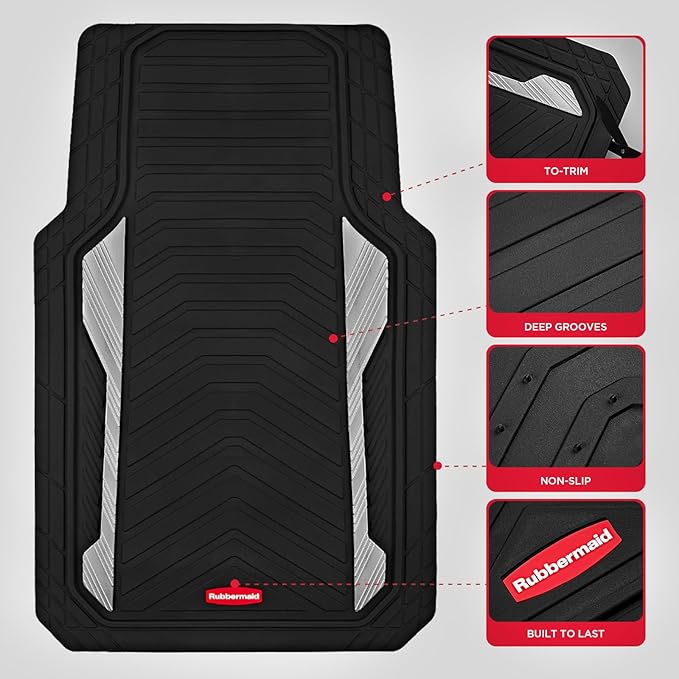 Rubbermaid Car Floor Mat, Heavy Duty All-Weather Car Mats Full Set with Dual-Tone Sliver Aluminum Inserts – Universal Fit, Anti-Slip Backing, Trim-to-Fit for Most SUV, Sedan, Van