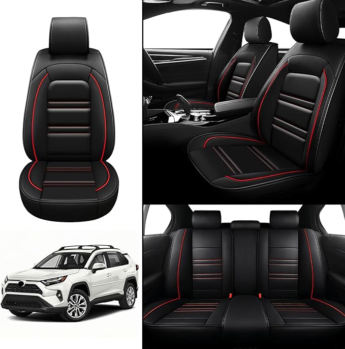 Seat Covers for Toyota rav4 2000-2025 | 5-Seats Leather Seat Covers, Easy to Install Automotive Seat Covers Full Set (Full Set, Black&Red Line)