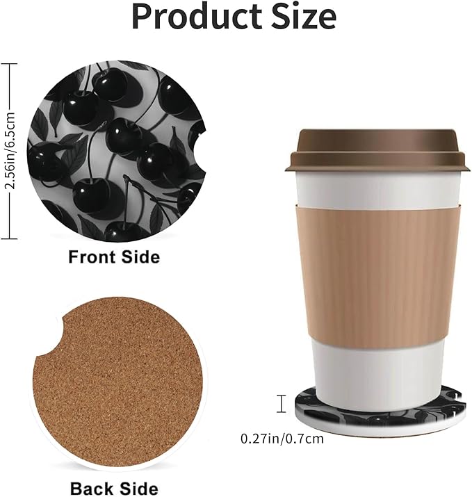 Absorbent Car Coasters for Cup Holders, 2 Pack Universal Anti Slip Ceramic Cup Coaster for Women Men 2.56 Inch Car Interior Accessories - Black Cherry 021