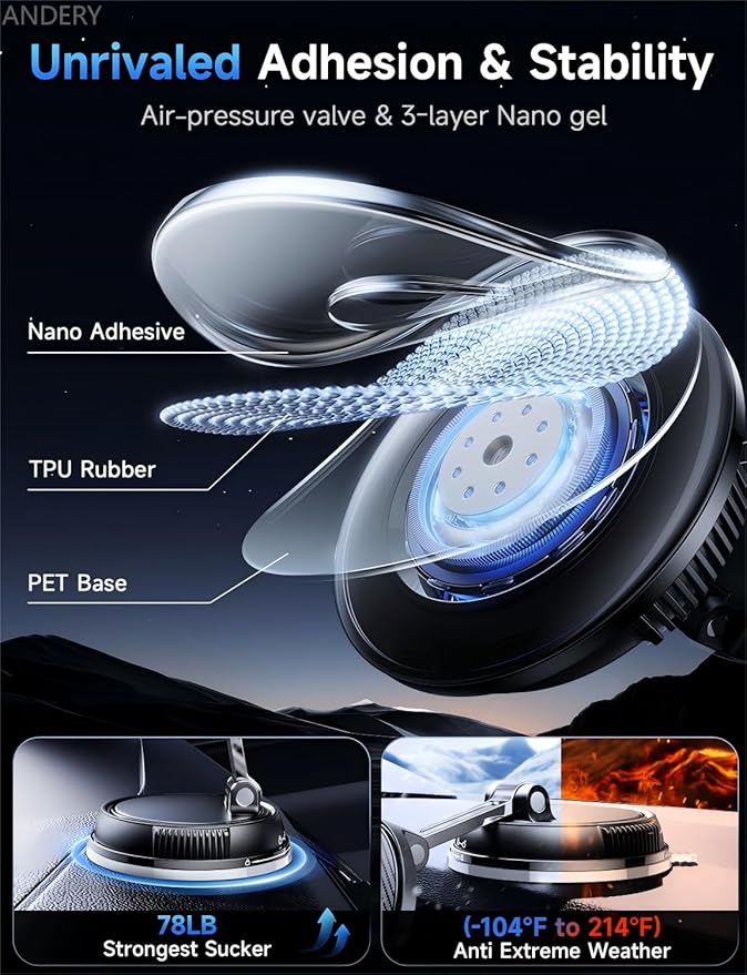 ANDERY Only for iPhone Magsafe Car Mount Charger [15W Fast Wireless Charging, 78+LBS Strong Suction, 2400gf Strong Magnetic] 360° Adjustable Phone Holders for Your Car, Stable Support Arm for Video