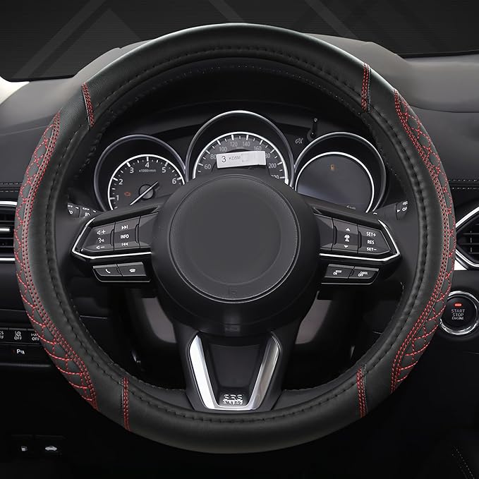 West Llama Microfiber Leather Car Steering Wheel Cover Universal Fit 15-15.5 inch SUV,Sedan,Car,Trucks(Black+Red Line-M-Large Size)