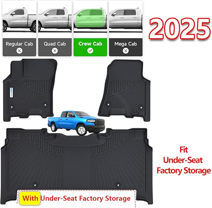 SANBAN Floor Liners for 2025 Dodge Ram 1500 Crew Cab（Rear with Under-Seat Factory Storage）,TPE All Weather Protection 2 Rows Car Floor Mats.